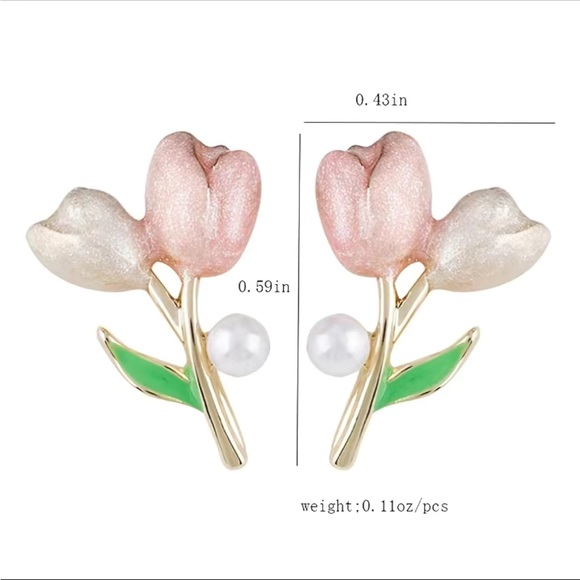 Enamel Flower Stud Earrings with Pearl - Picture 2 of 4